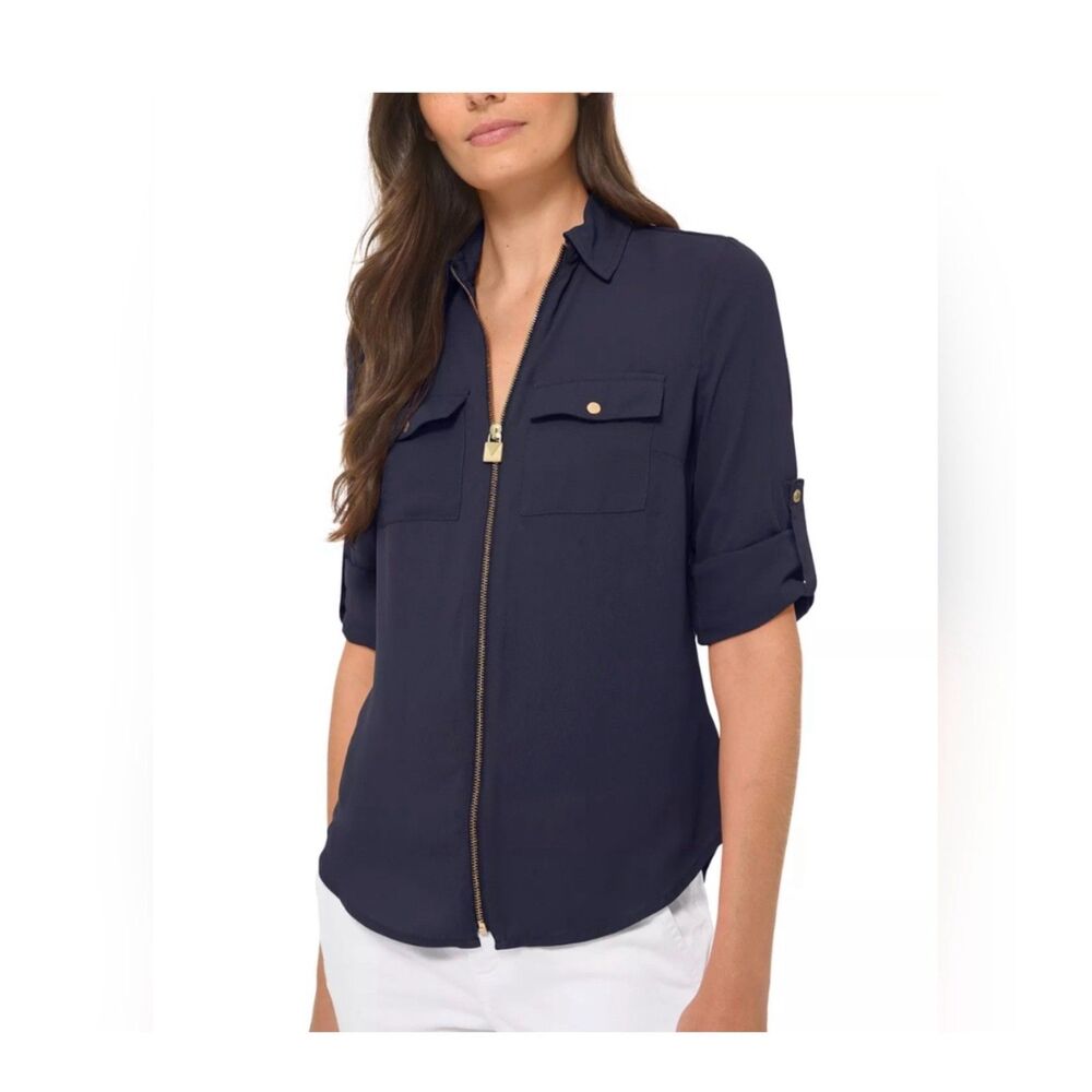 Michael Kors Navy Zip Front Utility Blouse Gold Logo Roll Tab Shirt Medium M